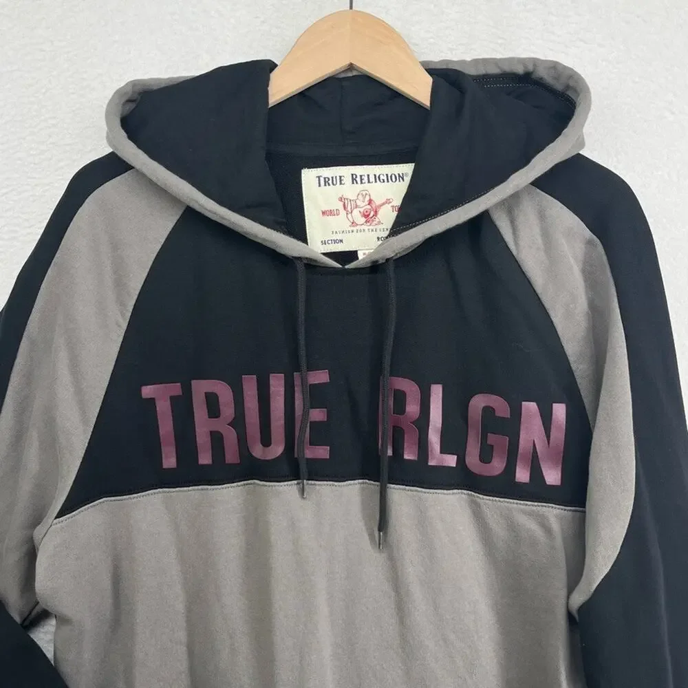 TRUE RELIGION Hoodie Mens XL World Tour Colorblock Pullover Terry Black Gray